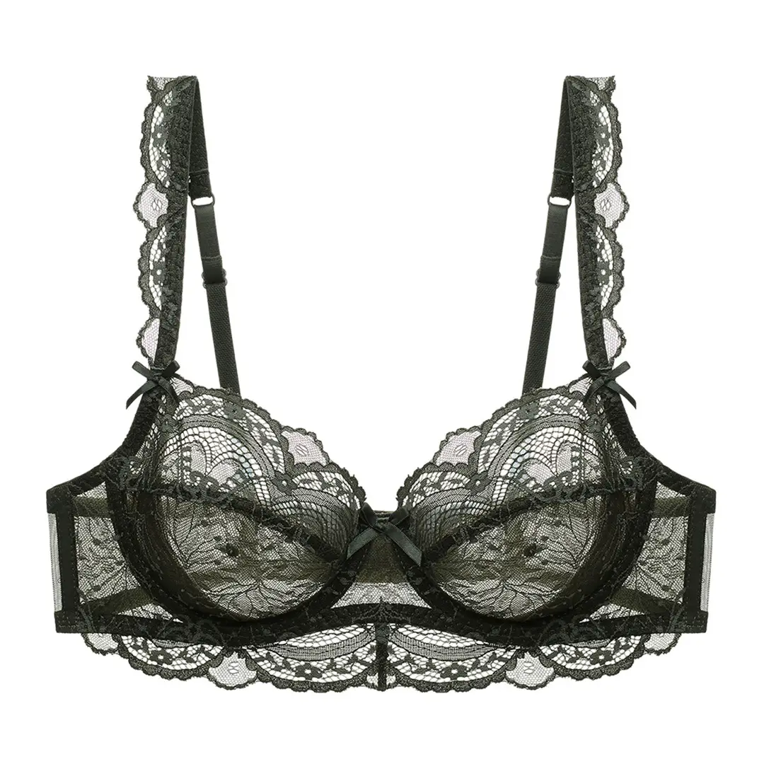 European and American Sexy Underwear Women's Ultra-thin Non-sponge Transparent plus size Bra Large Chest Small Anti-sagging Lace Bra