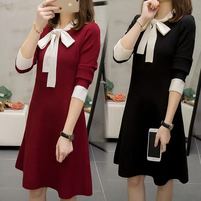Korean Style Waist Slim Dress Red Bow Tie