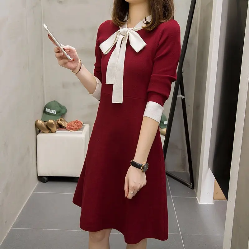 Korean Style Waist Slim Dress Red Bow Tie