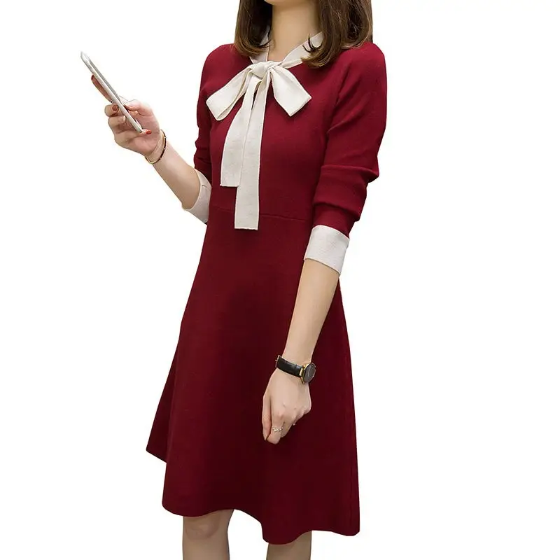 Korean Style Waist Slim Dress Red Bow Tie