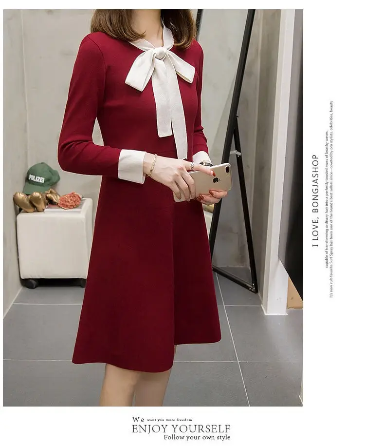 Korean Style Waist Slim Dress Red Bow Tie — feature 11