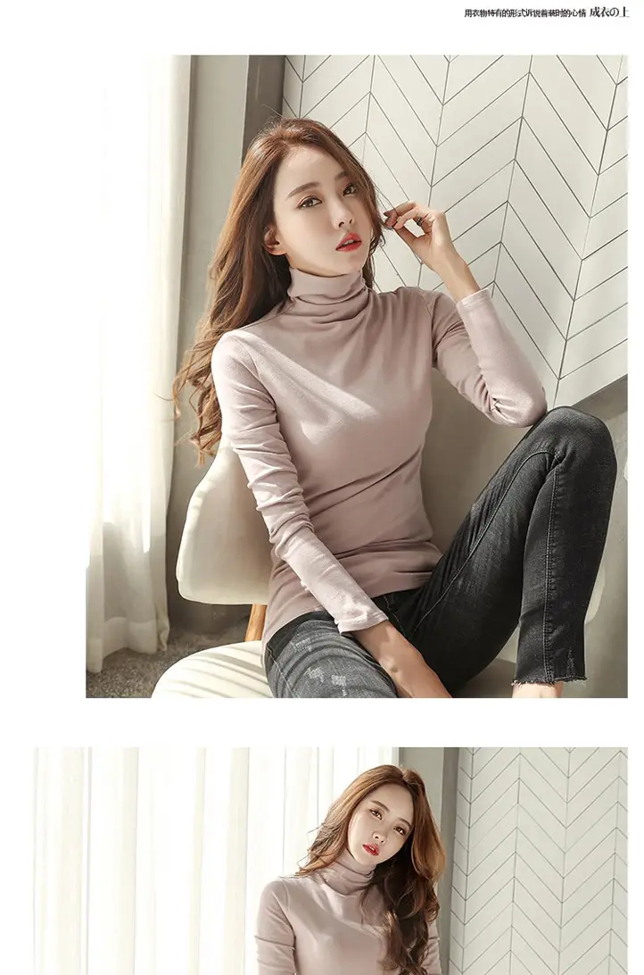Women Long Sleeve White Turtleneck Slim Fit Top — feature 7