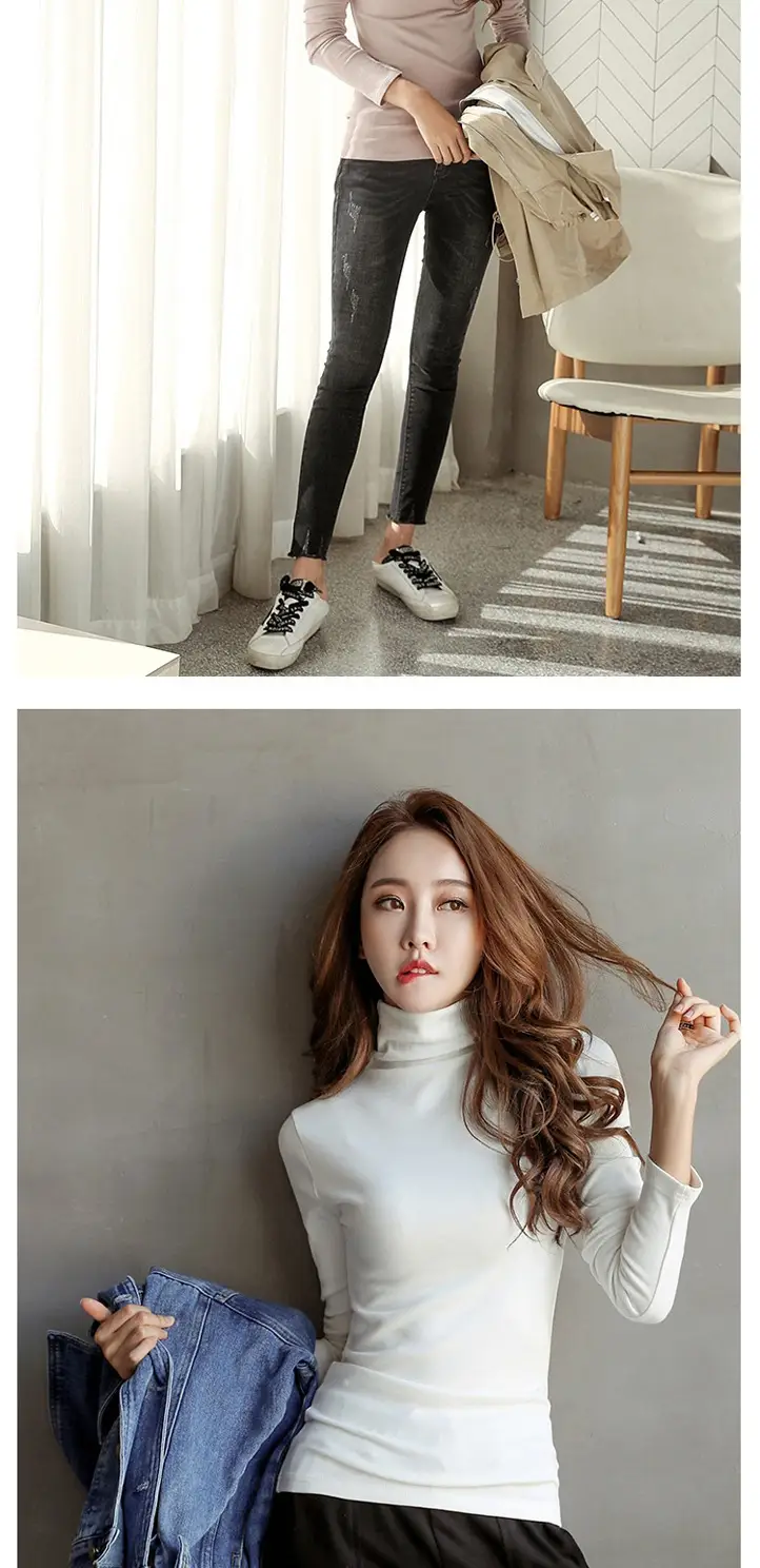 Women Long Sleeve White Turtleneck Slim Fit Top — feature 8