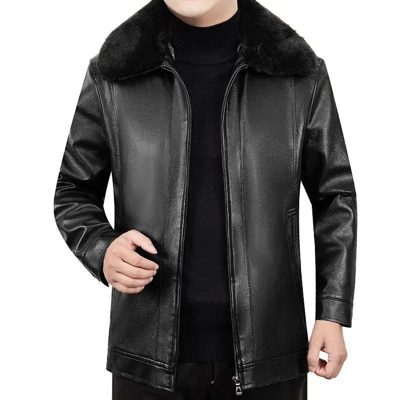 Men's Black Leather Fur Collar Zipper Jacket - Image 3