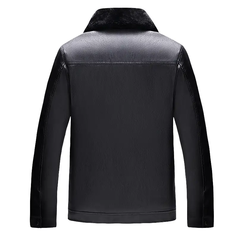 Men's Black Leather Fur Collar Zipper Jacket - Image 4