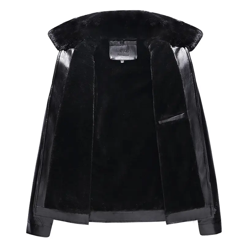 Men's Black Leather Fur Collar Zipper Jacket - Image 5