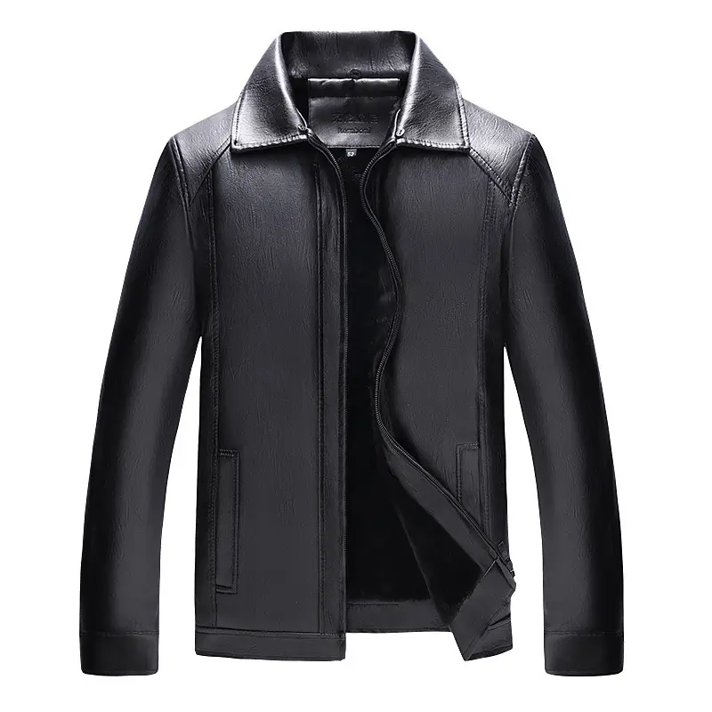 Men's Black Leather Fur Collar Zipper Jacket - Image 6