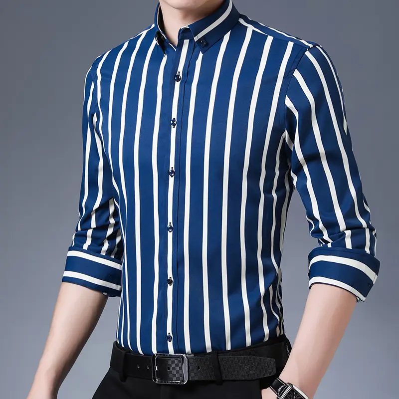 Men's Stretch Plaid Long Sleeve Shirt Grey Red - Image 13