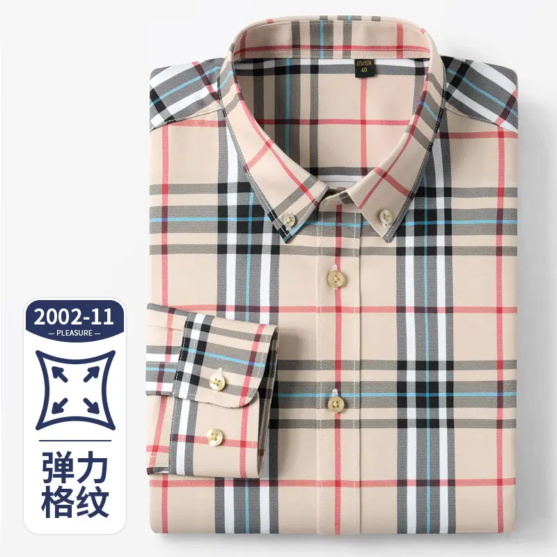 Men's Stretch Plaid Long Sleeve Shirt Grey Red - Image 8