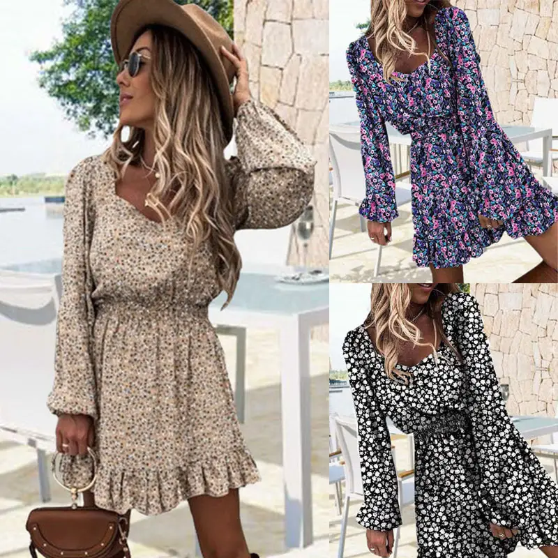 Printed Pleated Long Sleeve Dress with Ruffled Hem