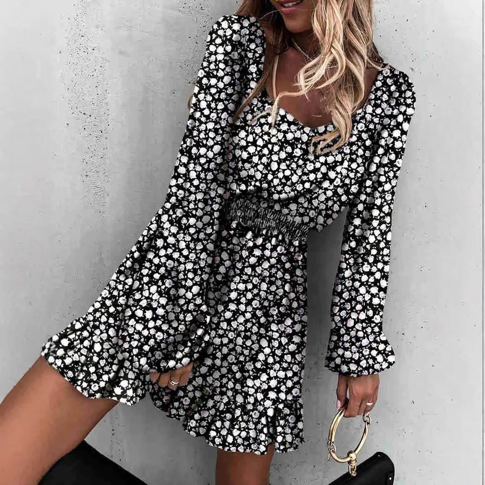 Printed Pleated Long Sleeve Dress with Ruffled Hem