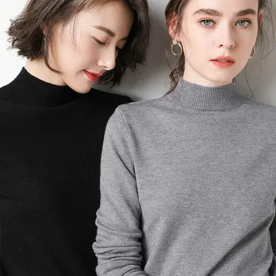 Women Wool Sweater Top Blue High Collar Winter - Image 3