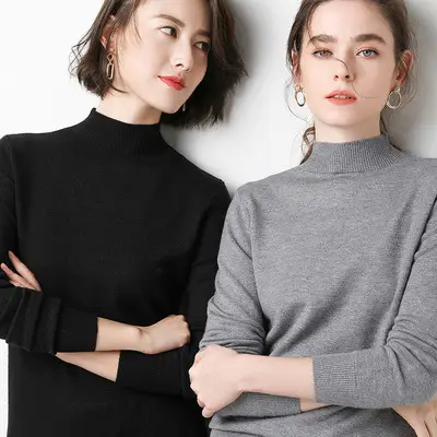 Women Wool Sweater Top Blue High Collar Winter - Image 4