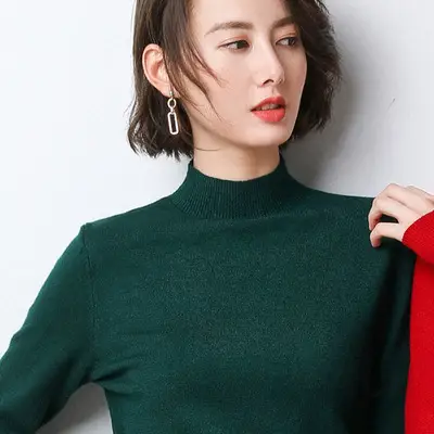 Women Wool Sweater Top Blue High Collar Winter - Image 5