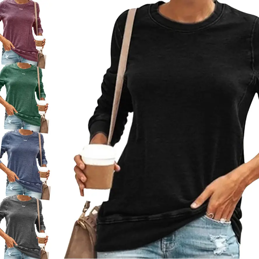 Women Spliced Round Neck Pullover T-Shirt Blue Large - Image 9