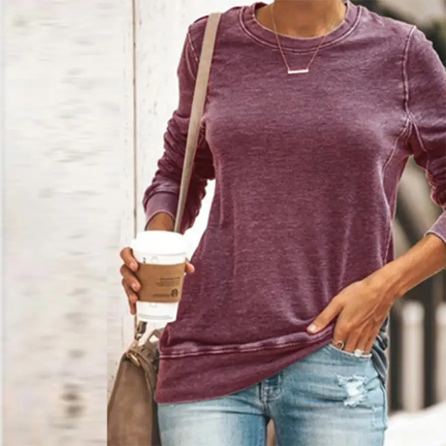 Women Spliced Round Neck Pullover T-Shirt Blue Large - Image 10
