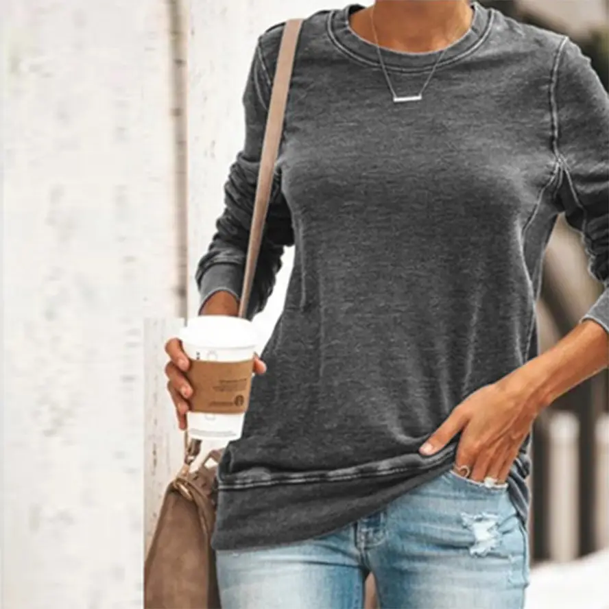 Women Spliced Round Neck Pullover T-Shirt Blue Large - Image 11