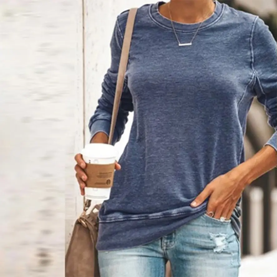 Women Spliced Round Neck Pullover T-Shirt Blue Large - Image 12