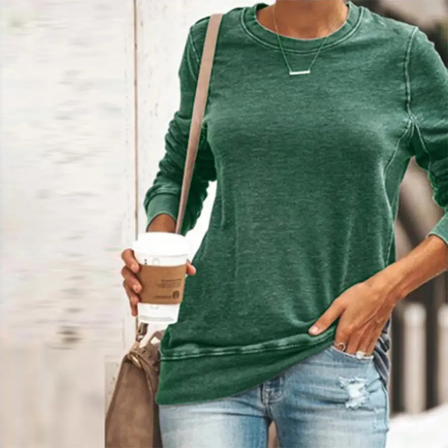 Women Spliced Round Neck Pullover T-Shirt Blue Large - Image 13