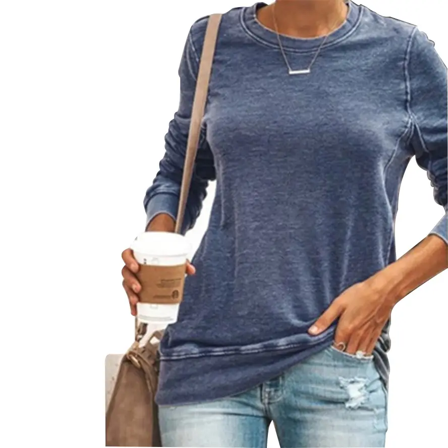 Women Spliced Round Neck Pullover T-Shirt Blue Large — feature 11