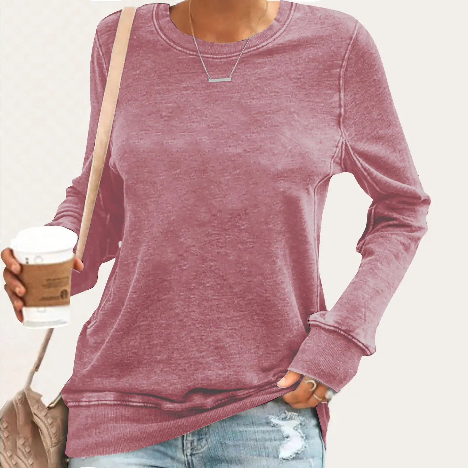 Women Spliced Round Neck Pullover T-Shirt Blue Large — feature 2