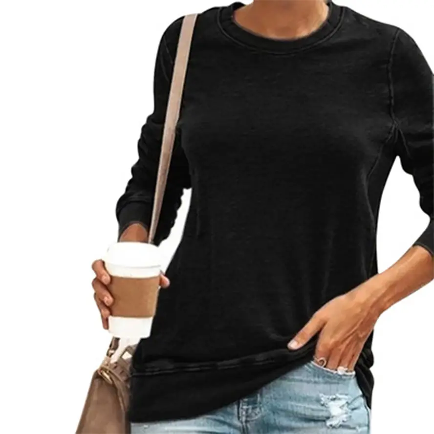 Women Spliced Round Neck Pullover T-Shirt Blue Large — feature 5
