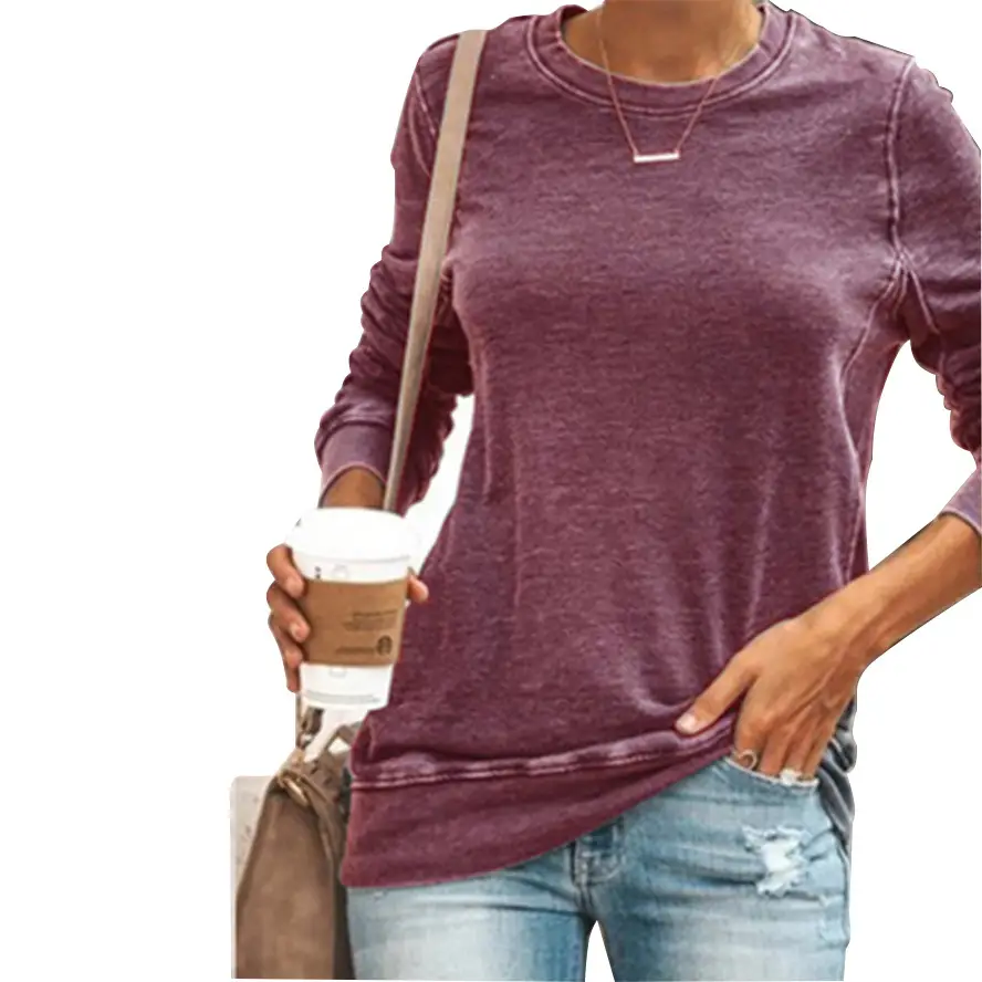 Women Spliced Round Neck Pullover T-Shirt Blue Large — feature 7