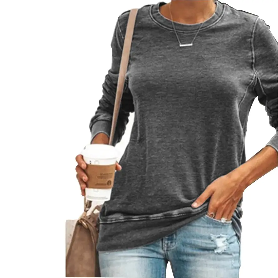 Women Spliced Round Neck Pullover T-Shirt Blue Large - Image 3