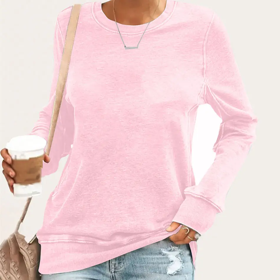 Women Spliced Round Neck Pullover T-Shirt Blue Large - Image 7