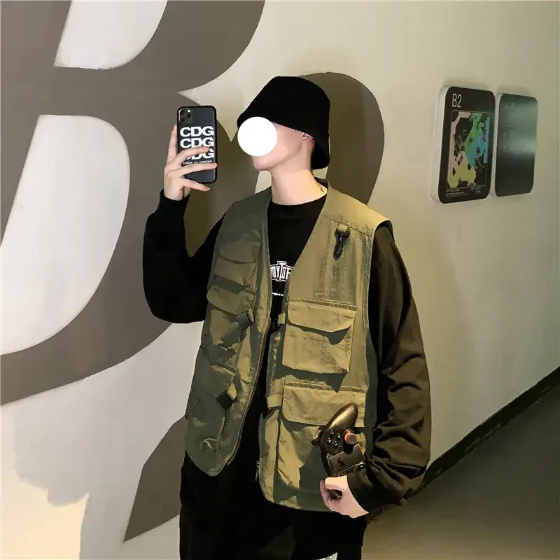 Men Korean Tactical Vest Dark Green Functional Loose Fit - Image 4