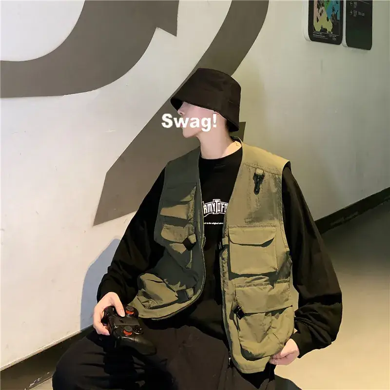Men Korean Tactical Vest Dark Green Functional Loose Fit - Image 5