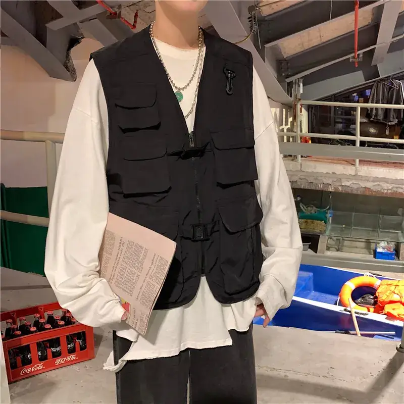 Men Korean Tactical Vest Dark Green Functional Loose Fit - Image 2