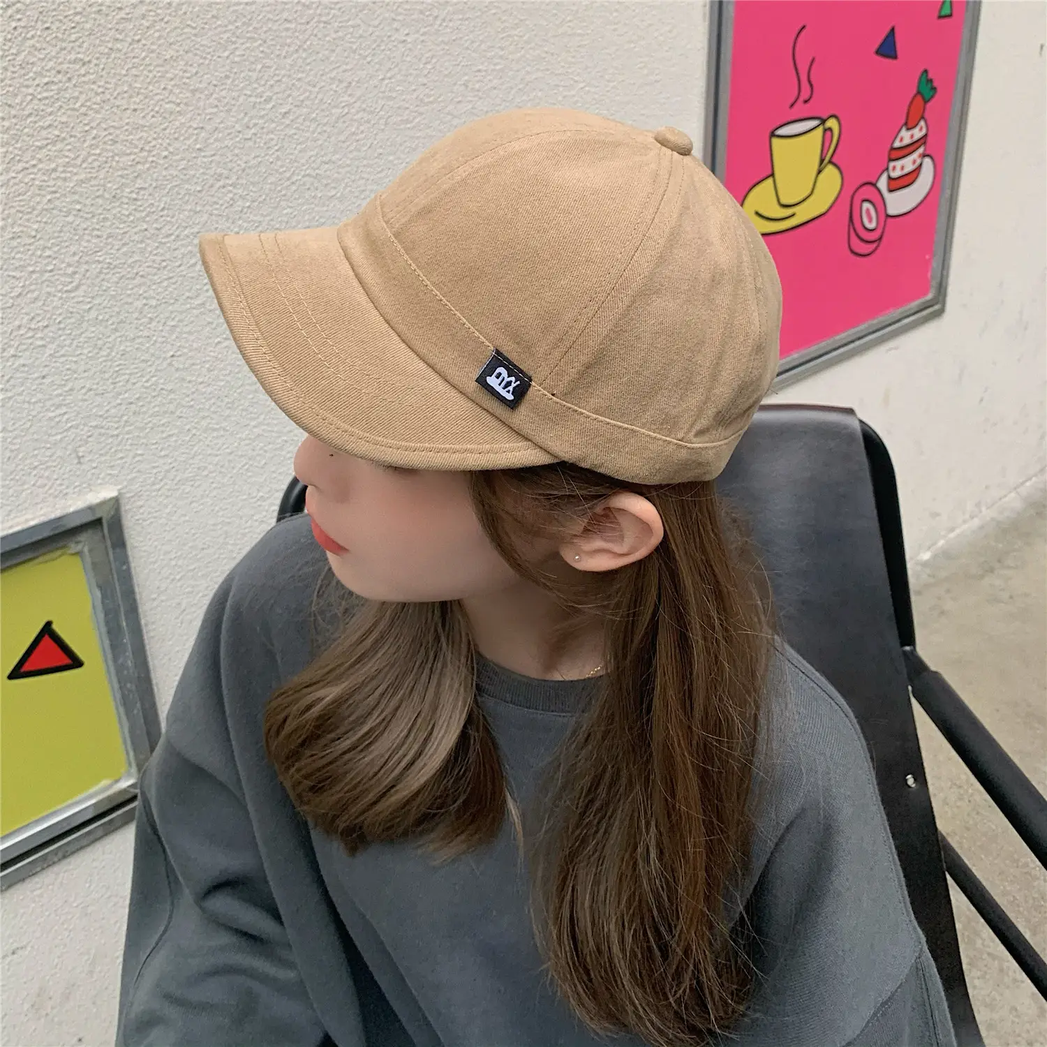 Men's Beige Baseball Cap with Logo & Short Brim