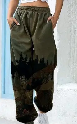 Women Printed Forest Pants Casual Loose Fit Green