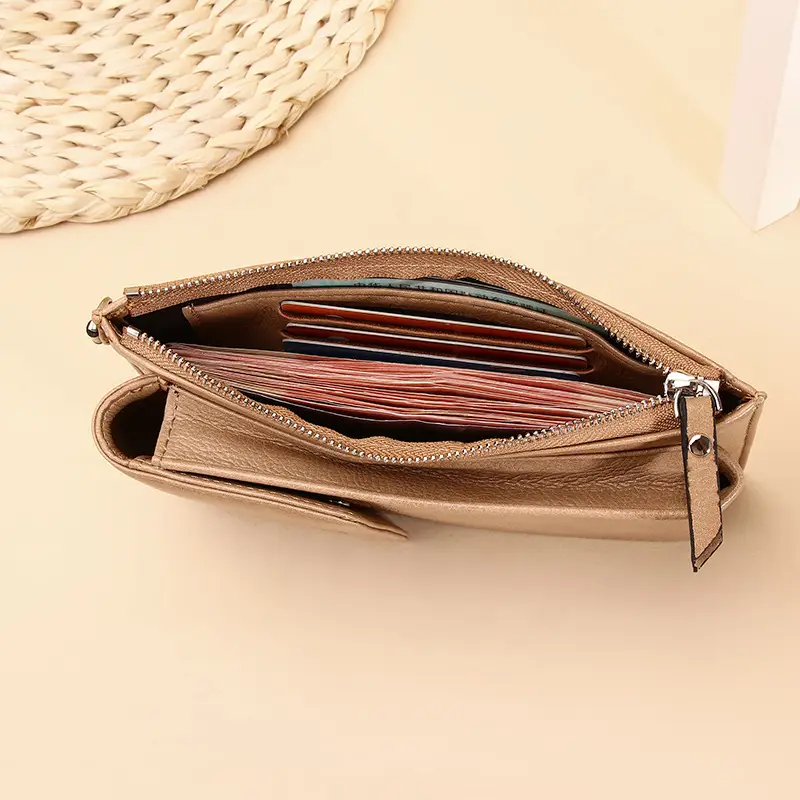 Women's Beige Zippered Shoulder Bag with Long Strap