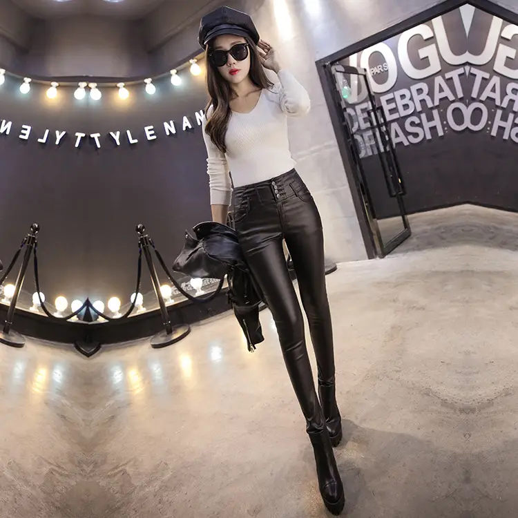 Women Thin Slimming Matte Leather Pants 2023 Winter