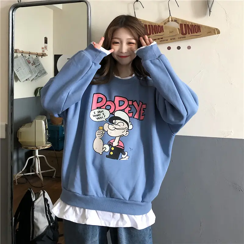 2020 Cartoon Printed Long Sleeve Women's Sweater Blue — feature 11