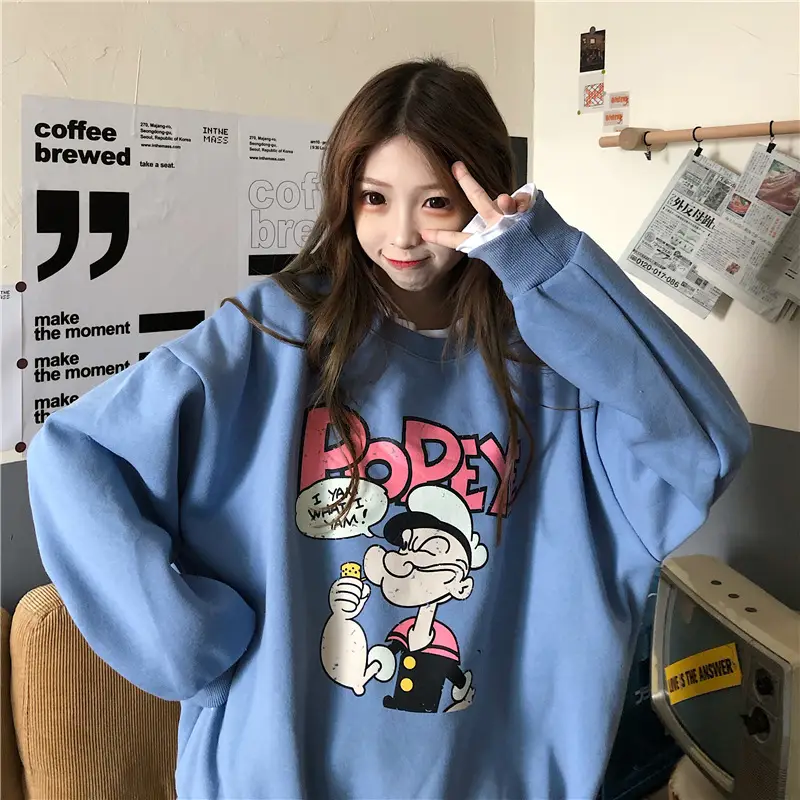 2020 Cartoon Printed Long Sleeve Women's Sweater Blue — feature 5