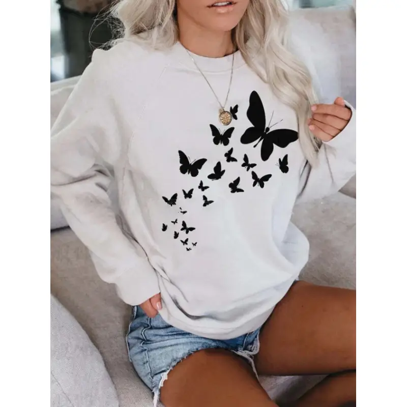 Pink Butterfly Printed Sweatshirt Long Sleeve - Image 9