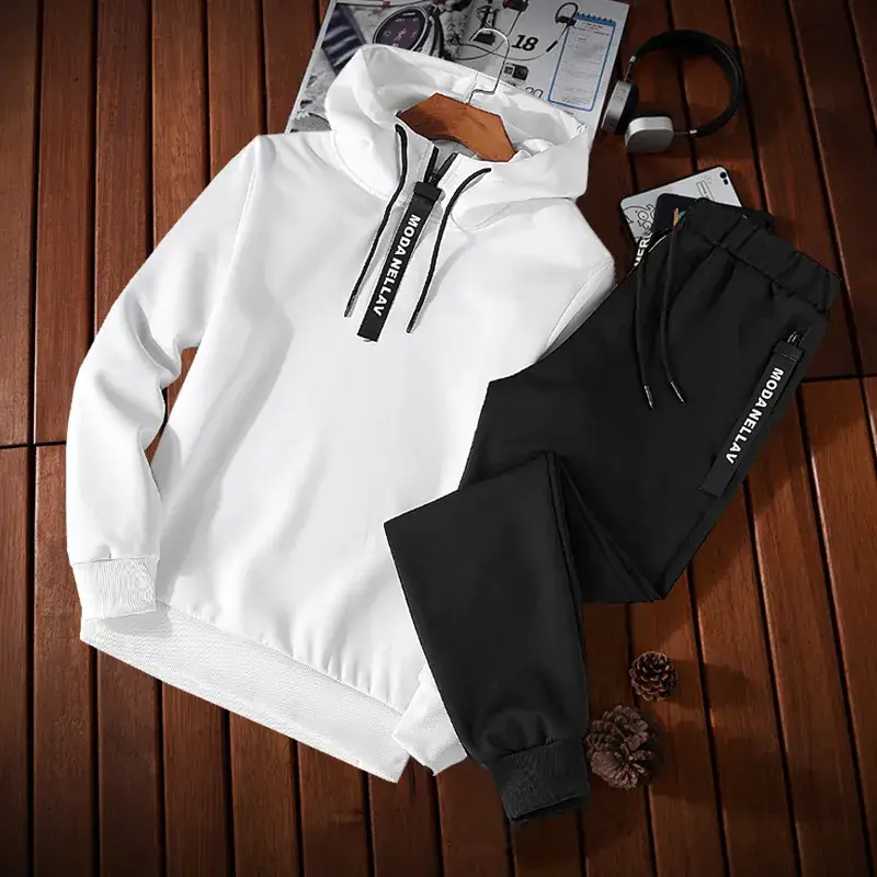 Men Black Hoodie Sweatpants Set Casual Sportswear
