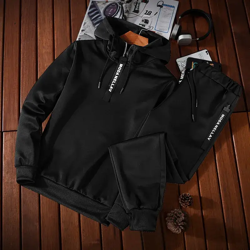 Men Black Hoodie Sweatpants Set Casual Sportswear