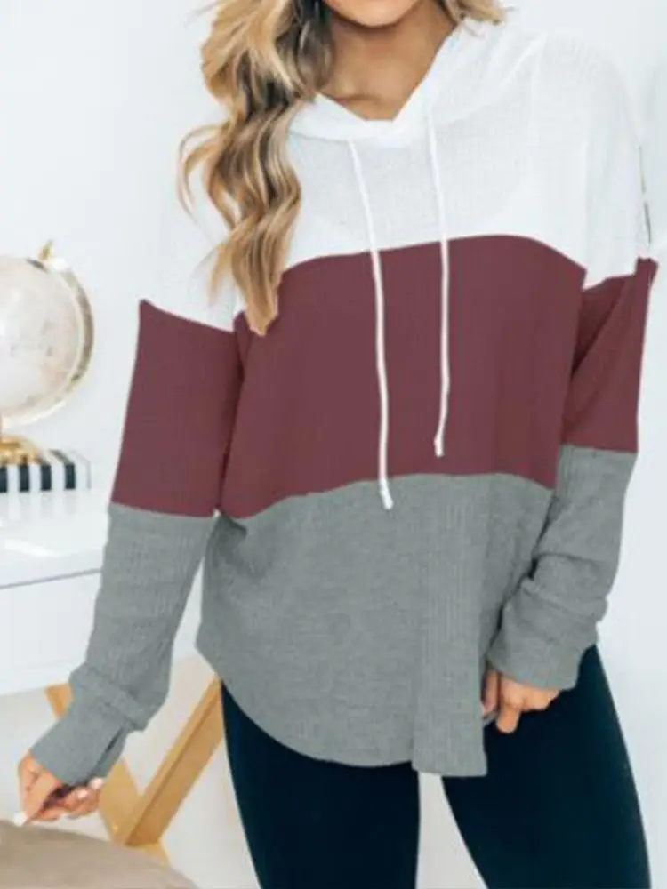 Women Cross-Color Hooded Sweatshirt Long Sleeve Drawstring Casual