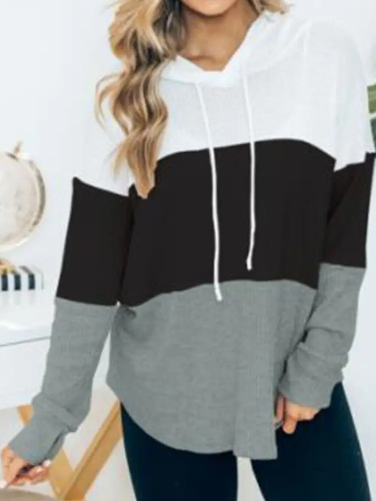 Women Cross-Color Hooded Sweatshirt Long Sleeve Drawstring Casual