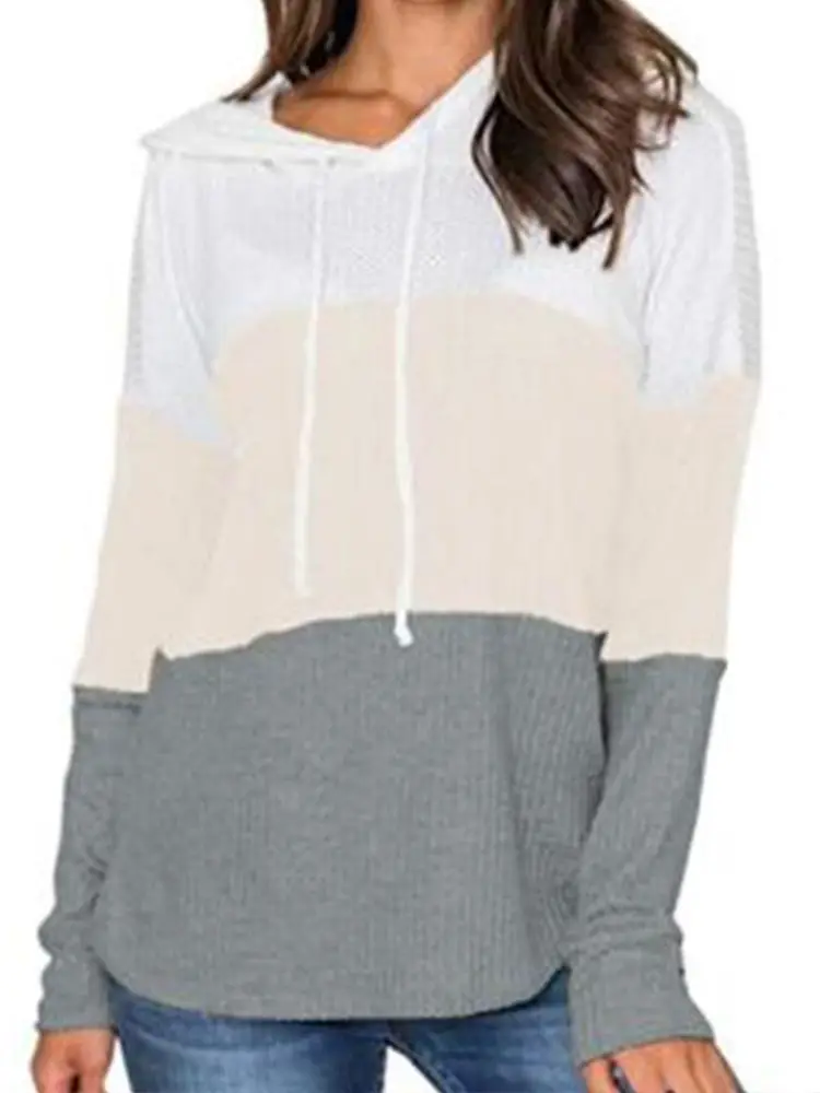 Women Cross-Color Hooded Sweatshirt Long Sleeve Drawstring Casual