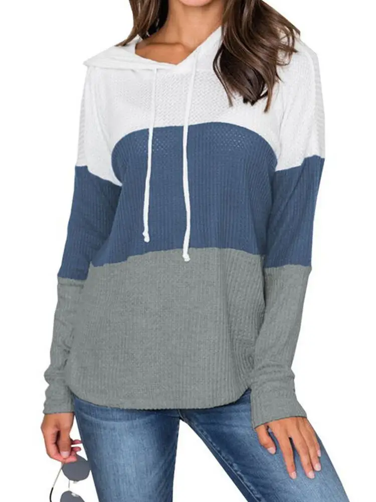 Women Cross-Color Hooded Sweatshirt Long Sleeve Drawstring Casual