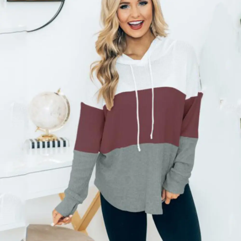 Women Cross-Color Hooded Sweatshirt Long Sleeve Drawstring Casual