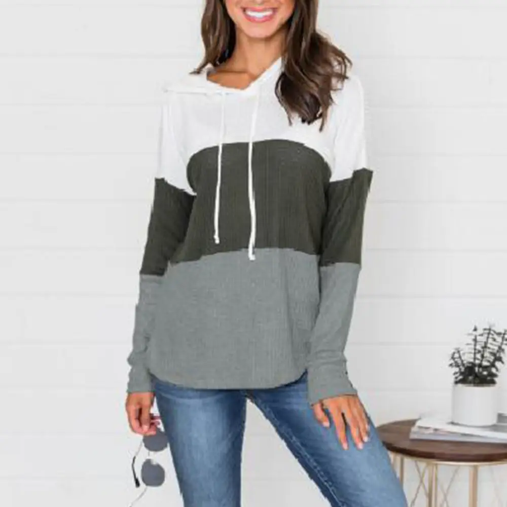 Women Cross-Color Hooded Sweatshirt Long Sleeve Drawstring Casual