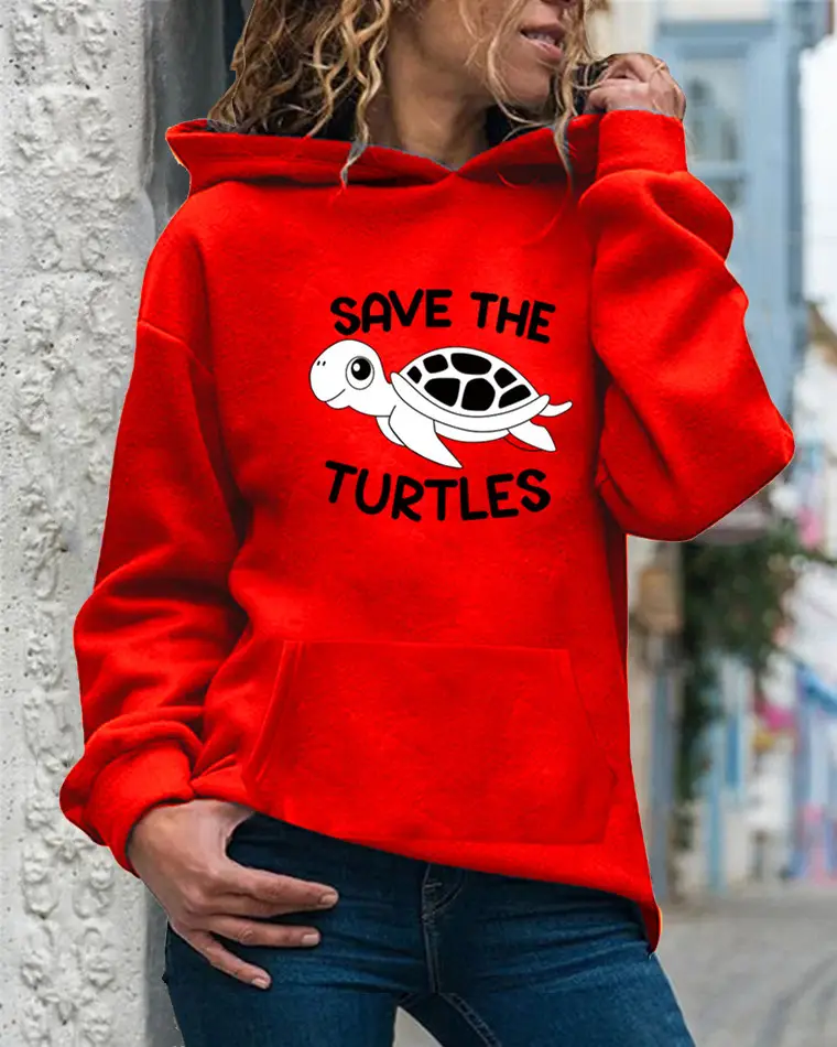 Women Drawstring Hoodie Yellow Turtle Print - Image 14