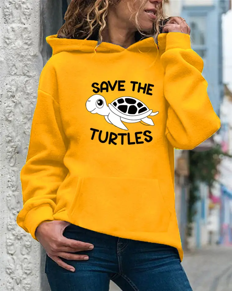 Women Drawstring Hoodie Yellow Turtle Print - Image 15