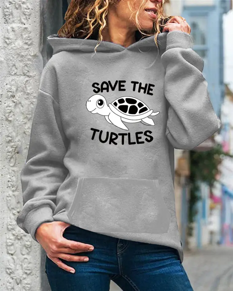 Women Drawstring Hoodie Yellow Turtle Print - Image 16